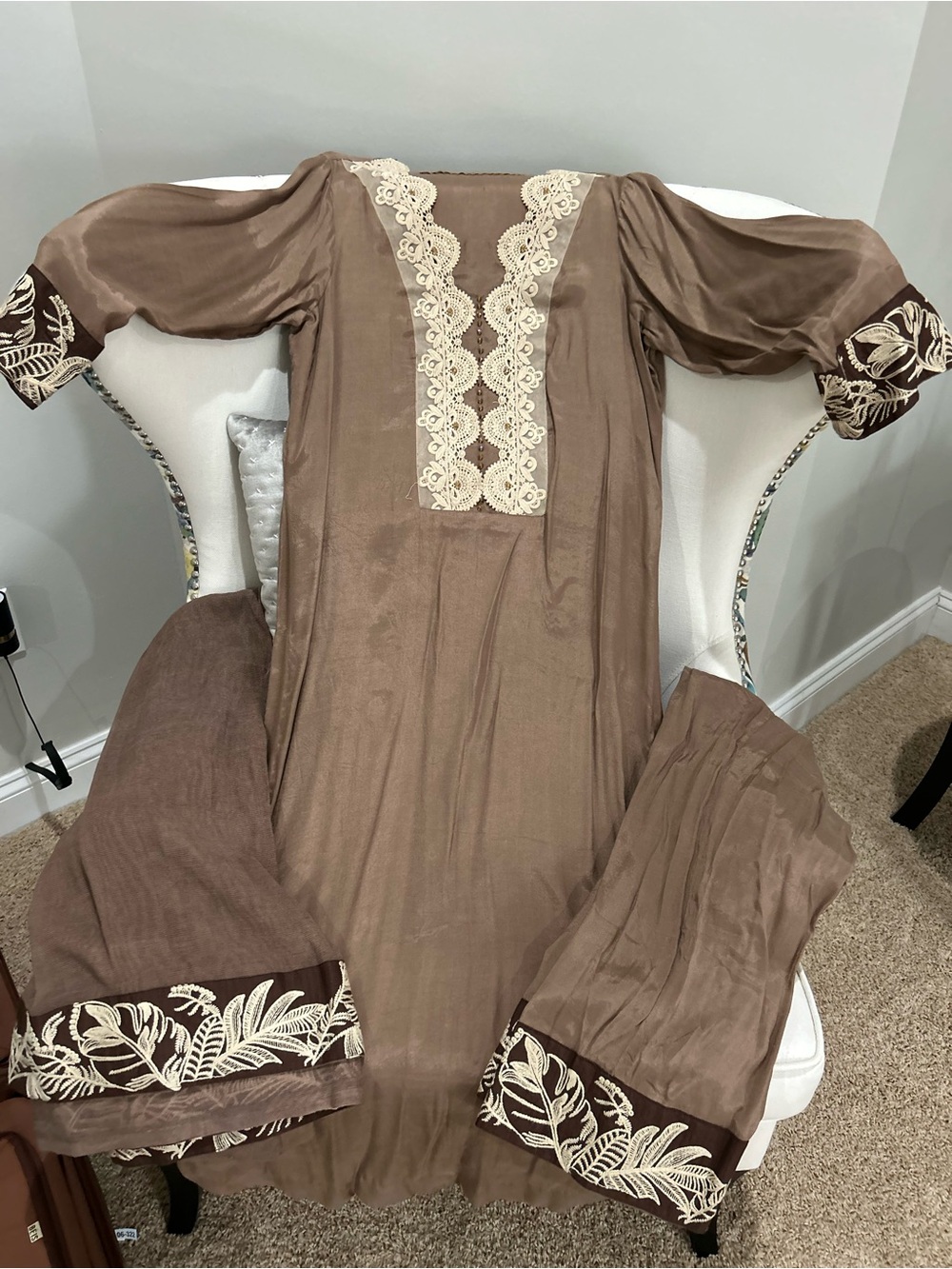 Women's Embroidered Brown outfit with Cream Lace